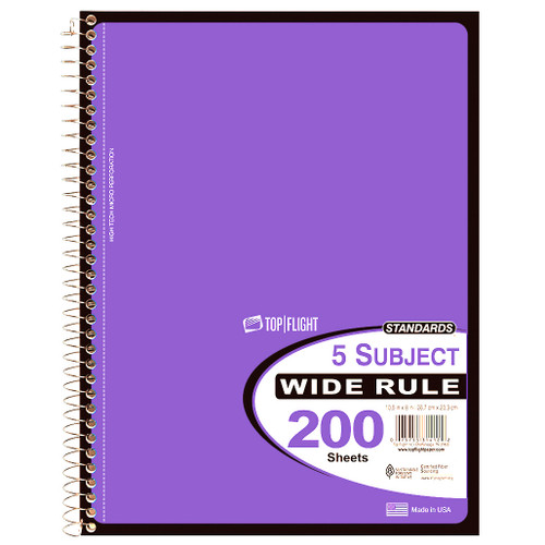 Standards® 5 Subject, Wirebound Notebook, Wide Rule, 200 Sheets, Purple