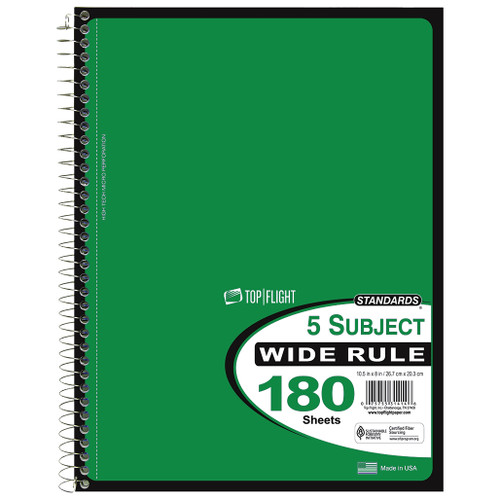 Standards® 5 Subject, Wirebound Notebook, Wide Rule, 180 Sheets, Green