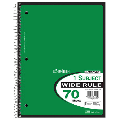 Standards® 1 Subject, Wirebound Notebook, Wide Rule, 70 Sheets, Green
