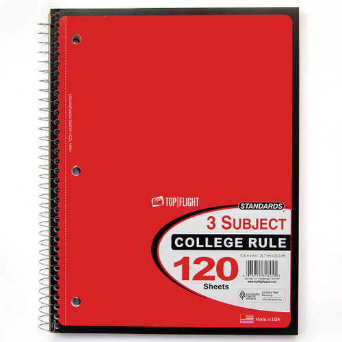 Standards® 3 Subject, Wirebound Notebook, College Rule, 120 Sheets, Red