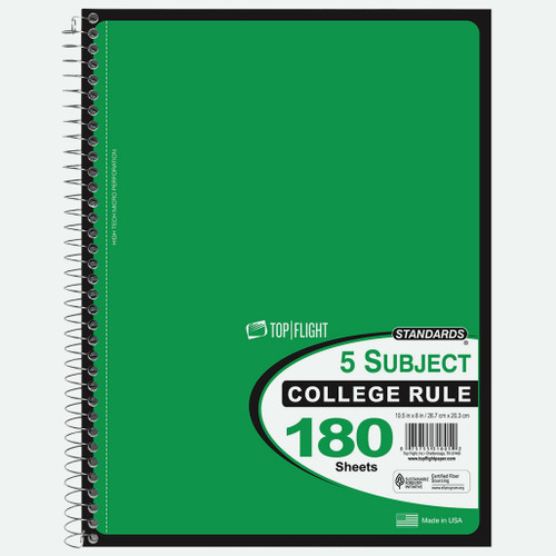 Standards® 5 Subject, Wirebound Notebook, College Rule, 180 Sheets, Green