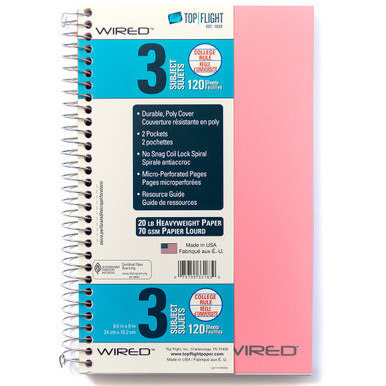 Wireless Notebook College Ruled Wired® 3 Subject Poly 9.5