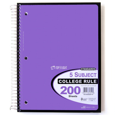 Wireless Notebook College Ruled Standards® 5 Subject, Wirebound Notebook, College Rule, 200 Sheets, Purple