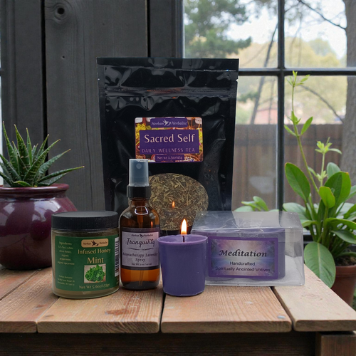 Self-Care Sunday Set - Relaxation Bundle with Lavender Spray, Sacred Self Tea, Honey & Candles
