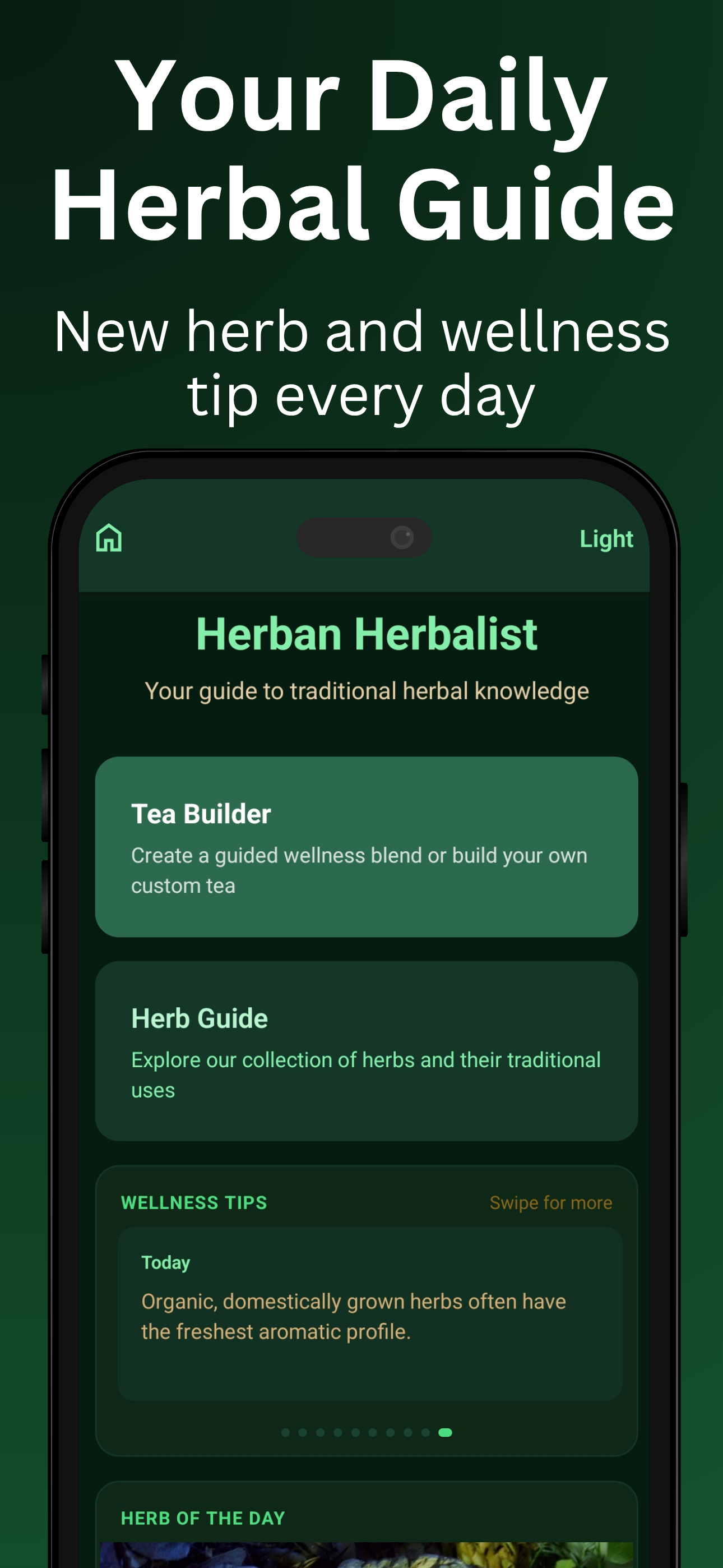 Herban Herbalist app home screen showing herb of the day and quick actions