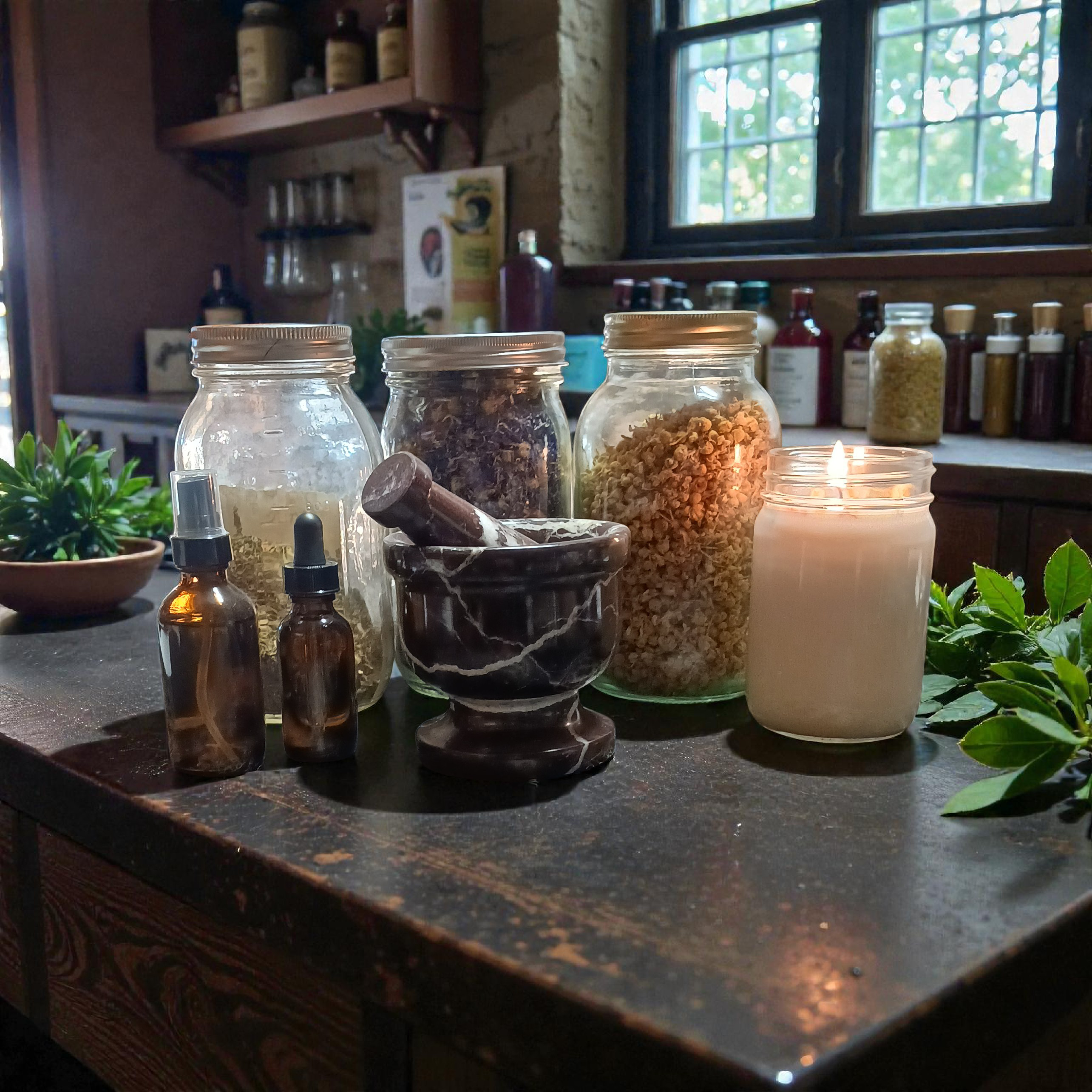 Herban Herbalist product spread with tinctures, mortar and pestle, candle, and dried herbs