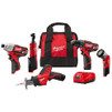 Milwaukee 2498-25 M12 12V Cordless 5-Tool Combo Kit: 2407-20 3/8 in.Drill/Driver + 2462-20 1/4 in. Hex Impact Driver+2420-20 Hackzall Recip Saw+2457-20 3/8 in.Ratchet+49-24-0146 LED Worklight