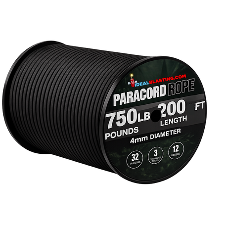  Paracord Rope 750 lb - 200ft 5/32" Parachute Cord 4MM 12 Black