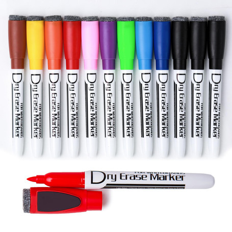 EOD Magnetic Dry Wipe Pens Dry Erase Markers With Eraser Cap Low Odor Fine Tip Whiteboard Pens Pack of 12,10 Colors