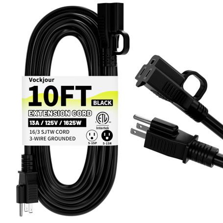 16/3 Black Indoor Outdoor Extension Cord 10 Ft Waterproof, Extension Cord with 3 Prong Grounded Plug,13A 1625W 16AWG SJTW, Flexible Weatherproof Power Cable