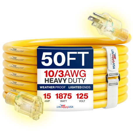 50ft Outdoor/Indoor Extension Cord 10/3 Gauge Ultra Heavy Duty 3 Prong SJTW, Waterproof, Flexible Cold-Resistant Long Power Cord,15A 125V 1875W, Yellow