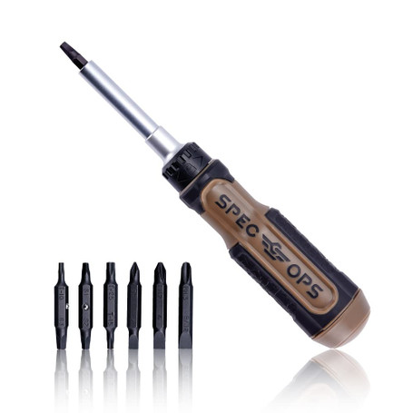 Spec Ops Tools Ratcheting Screwdriver, 12-in-1, Includes 6 Double-Sided S2 Steel Bits, Magnetic, Cr-Mo Steel Shaft, 3% Donated to Veterans Flat Dark Earth/Black