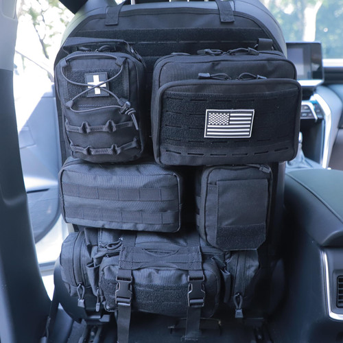 Universal Tactical Car Seat Back Organizer Bag Tactical Molle Vehicle Organizers Panel Vehicle Protector Organizers with 5 Detachable Pouches (Upgraded C model Black)