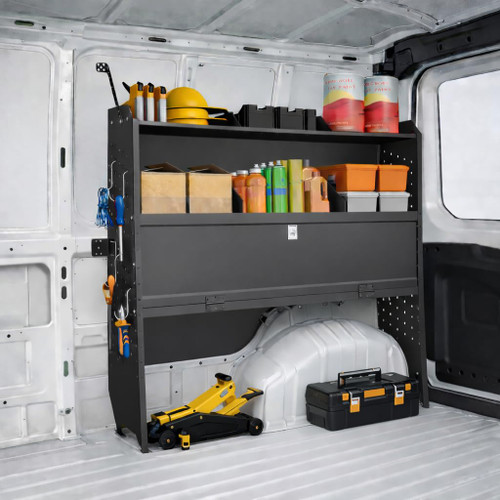 EOD Adjustable Cargo Van Shelving with Lockable Door and Hooks, Heavy Duty Steel Storage 52" W x 46" H x 13" D, Fits Transit, ProMaster, Chevy Express, GMC Savana, Sprinter, Low/Mid/High Roof