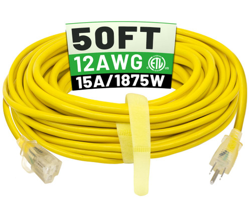 50 ft 12/3 Outdoor Extension Cord Waterproof Heavy Duty with Lighted Indicator End 12 Gauge 3 Prong, Flexible Cold-Resistant Long Power Cord Outside, 15Amp 1875W SJTW Yellow ETL Listed