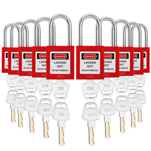 10 Pack Lockout Tagout Locks, Keyed Different Red Loto Safe Padlocks, OSHA Compliant Safety Locks with Keys for Lock Out Tag Out Stations and Devices