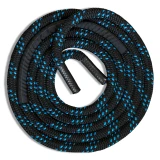 premium double braid polyester battle rope. Black with blue tracers and 8 inch rubber handles. Chafe guard added to midpoint for extra abrasion resistance.