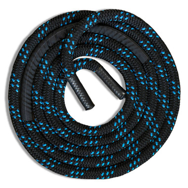 premium double braid polyester battle rope. Black with blue tracers and 8 inch rubber handles. Chafe guard added to midpoint for extra abrasion resistance.