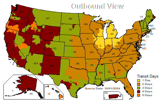 UPS Transit Time Map from Grand Rapids Michigan