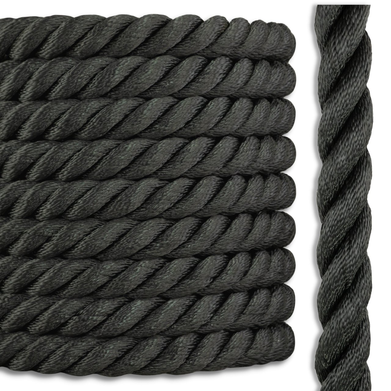 BODY SPORT TRAINING ROPE, 15' LONG, 2 DIAMETER, BLACK POLYPROPYLENE ROPE  WITH BLACK HANDLE, D-RING ATTACHED