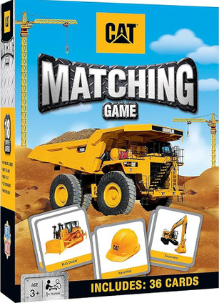 A matching game featuring Caterpillar construction vehicles and equipment.