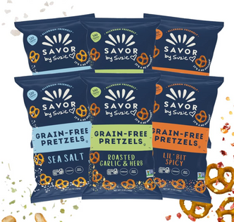 Savor by Suzie Gluten-Free Pretzels, Sea Salt – Grain Free, Vegan, Keto & Paleo Friendly, Non-GMO, Low Carb Snack Packs – Sea Salt, Roasted Garlic, Lil Bit Spicy (6 Total)