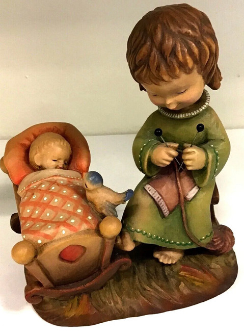 Vintage Italy Anri Juan Ferrandiz Wood Carved Rock A Bye Baby Woman Sewing
