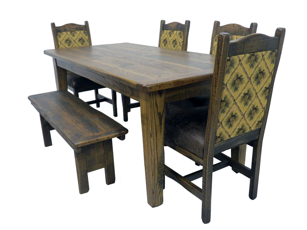 Rustic Distressed Solid Oak Dining Table, 4 Chair and Bench Set