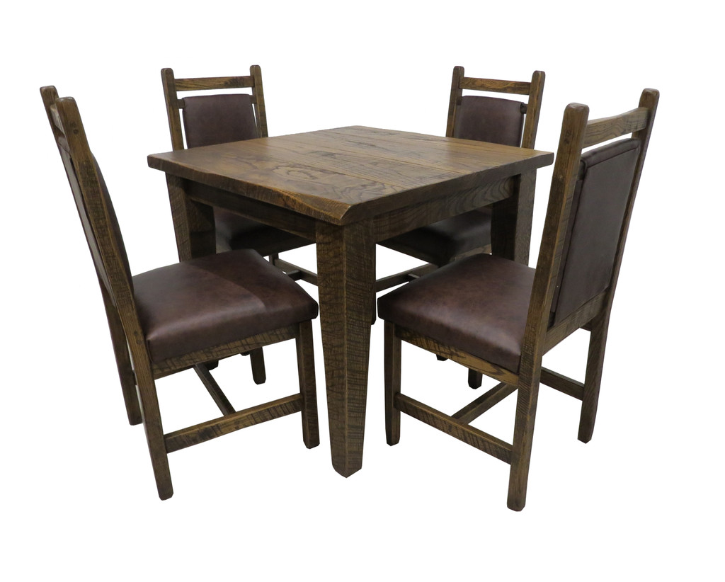 Rustic Barn wood Farmhouse Dining Table Set with 4 Real Leather Upholstered Dining Chairs