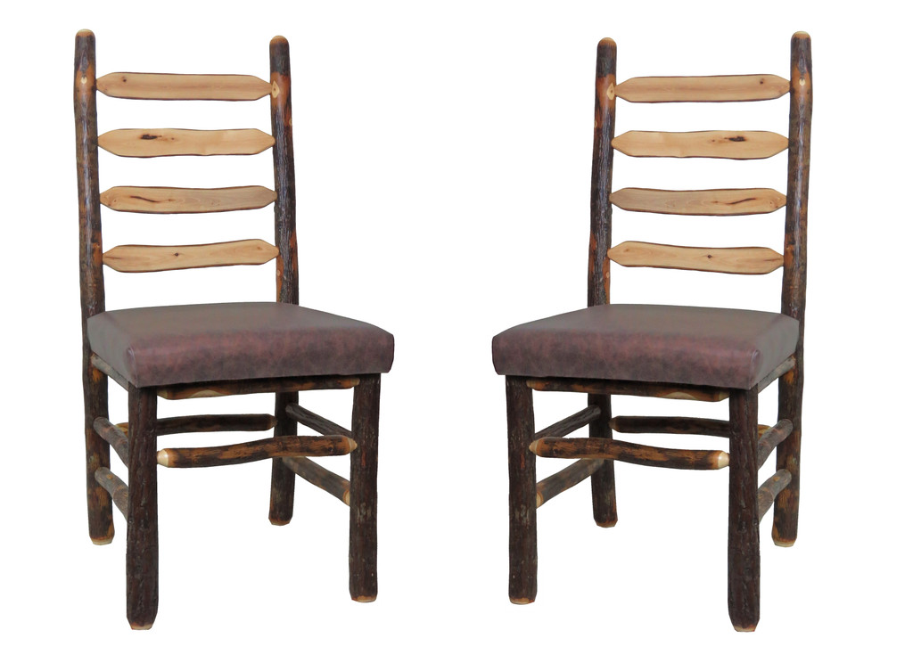 Set of 2 Rustic Hickory Ladder Back Chairs with Real Leather Upholstered Seats