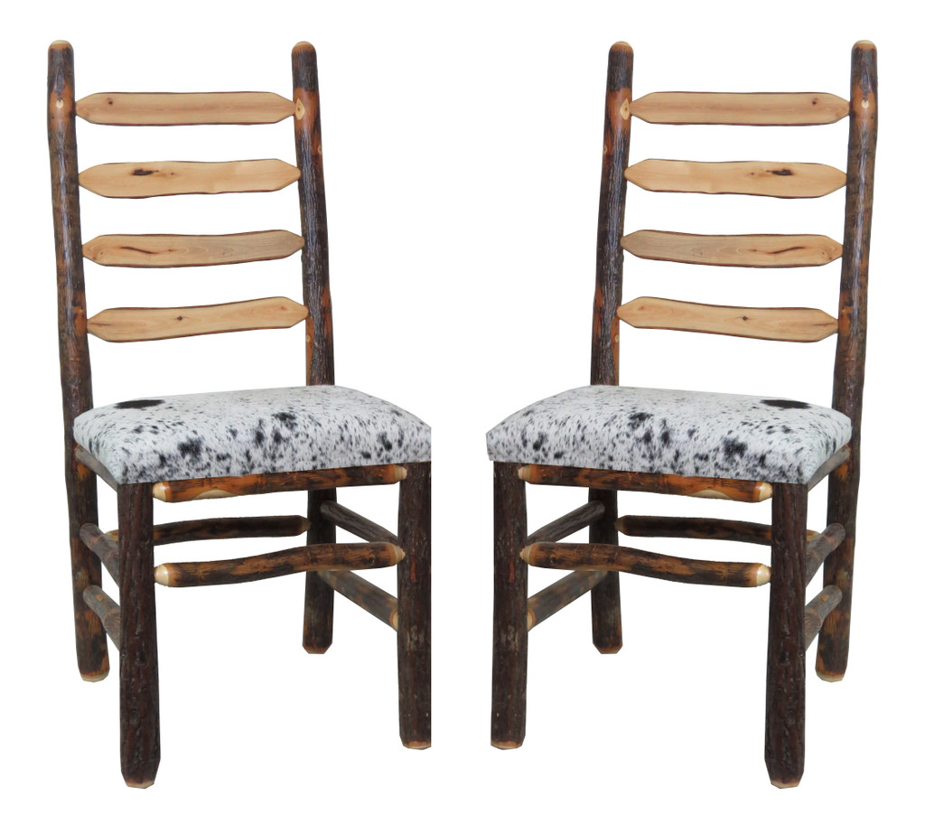 Set of 2 Rustic Hickory Ladder Back Chairs with Real Leather Upholstered Seats