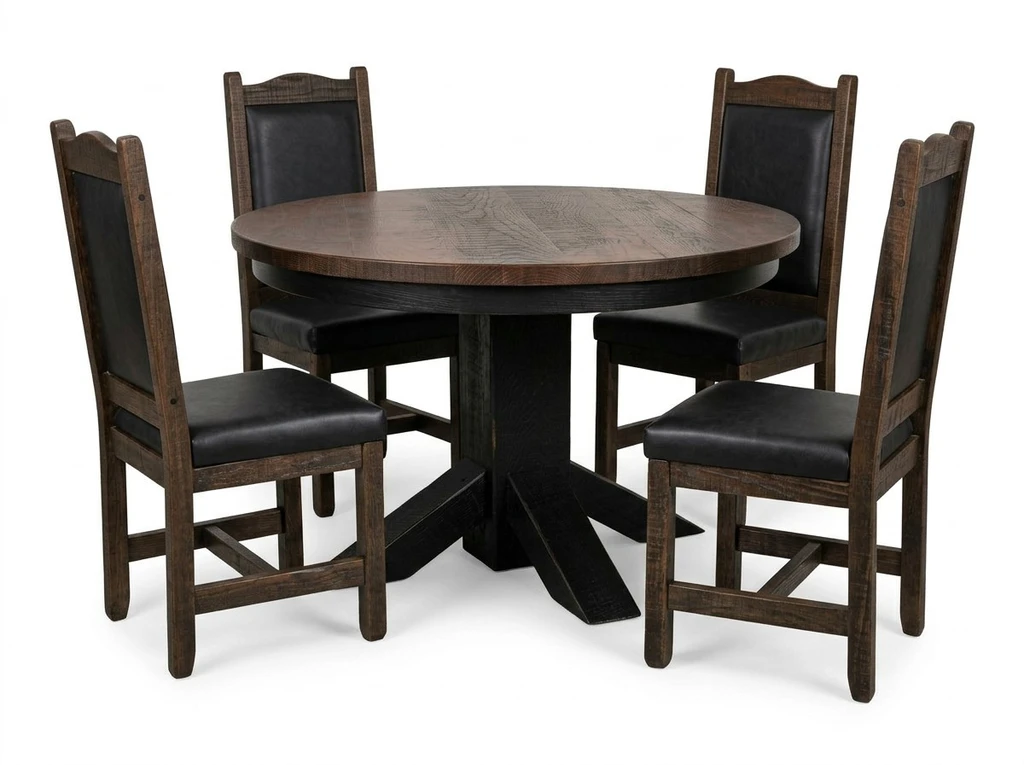 Round Foot base Pedestal Table 48" 5 Piece Set with All Leather Chairs- Free In Home Delivery and Set up