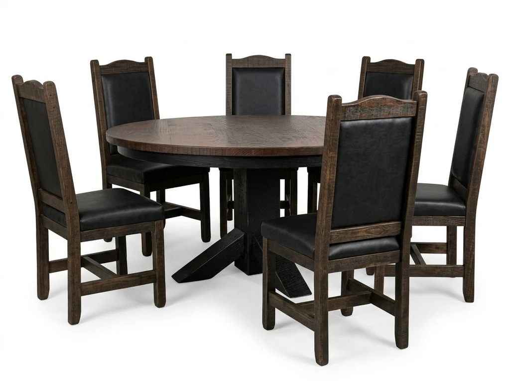 Round Foot base Pedestal Table 60" 7 Piece Set with All Leather Chairs- Free In Home Delivery and Set up