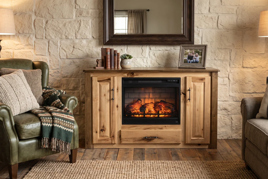 Rustic Solid Hickory Fireplace Cabinet TV Stand