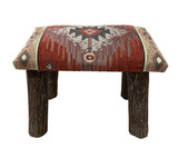 Rustic Hickory Small Stool Ottoman with Red Diamond Fabric