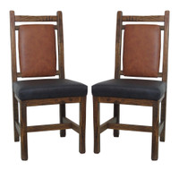 Set of 2 -Barnwood Upholstered Dining Chairs with Saddle Leather Seat and Back