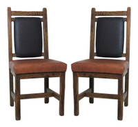 Set of 2 -Barnwood Upholstered Dining Chairs with Black Leather Seat and Back