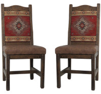 Set of 2 - Modern Rustic Dining Chairs with Southwest Red Diamond Upholstered Back & Seat