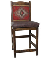 24" Barnwood Bar Stools with Red Diamond Southwest Fabric Upholstered Back 