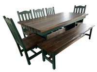 7 Piece Farmhouse Green Trestle Table Dining Set with a 2-Tone Finish