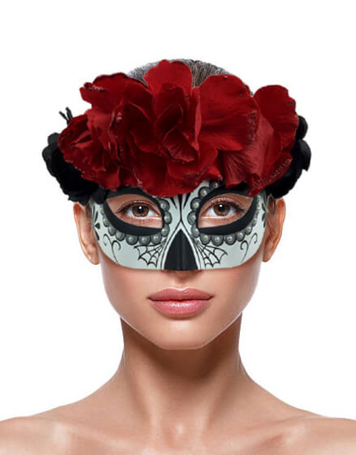 Masque du Jour des Morts avec Fleurs Rouges