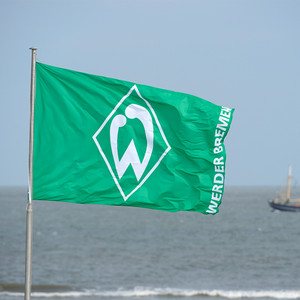 Im Wind wehende grüne Hissfahne mit Raute am Meer
