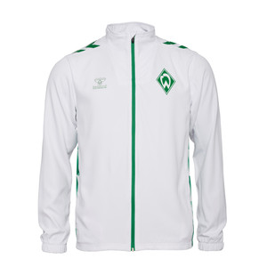 Weiße Trainingsjacke mit grünen Deitals, frontal Weiße Trainingsjacke mit grünen Deitals, frontal