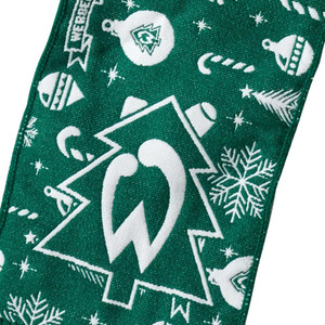 Detailaufnahme vom Xmas Schal mit Werder-Raute in Tannenbaumform und anderen weihnachtlichen Elementen