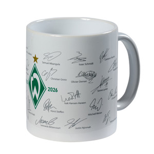 Tasse Saison 25/26 mit den Unterschriften des Kaders und unserer Werder-Raute