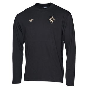 schwarzes Longsleeve mit goldenen Details wie hummel Logo und Werder Raute