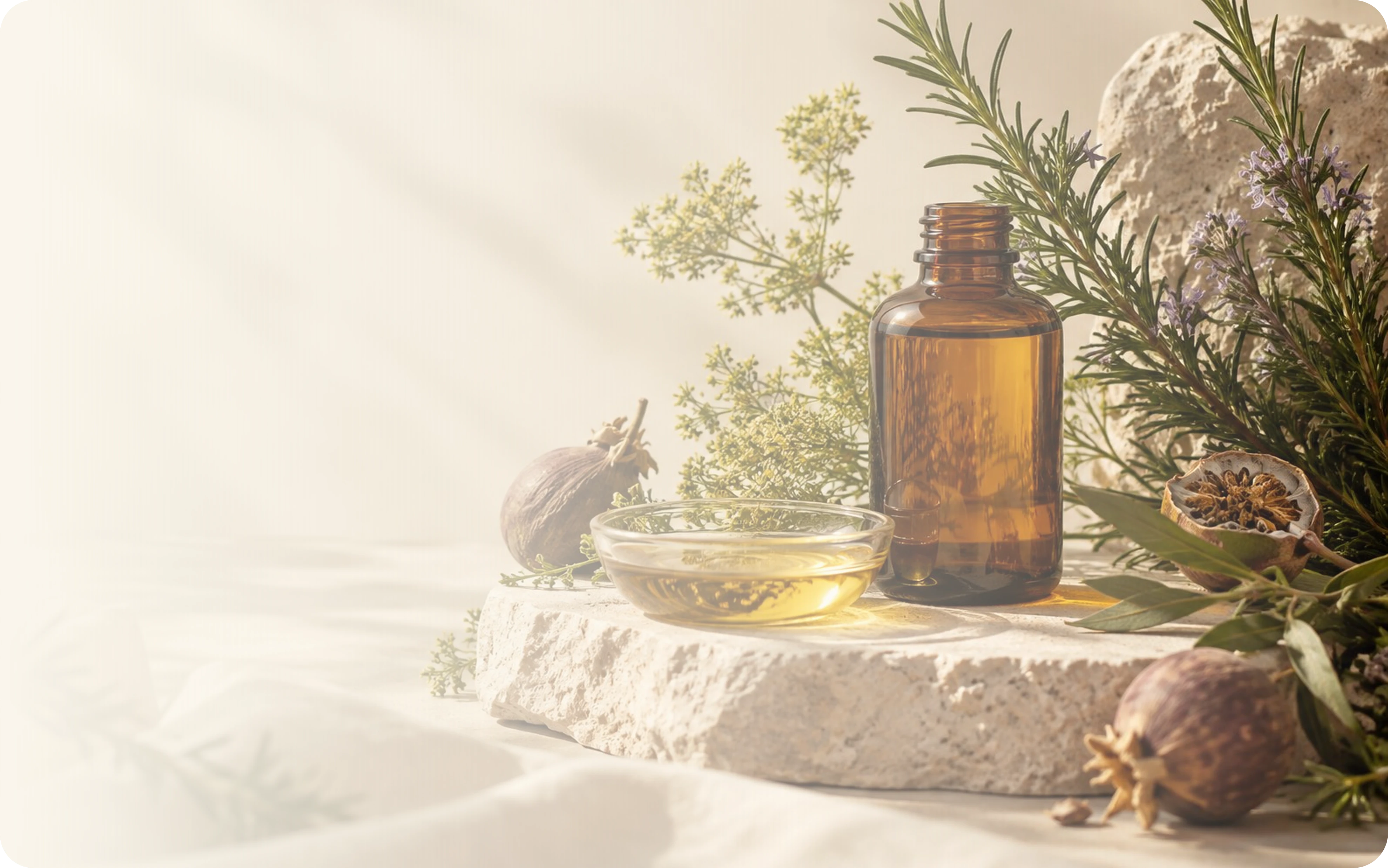 Amber glass essential oil bottle with a dish of oil, fresh rosemary and botanicals on natural stone