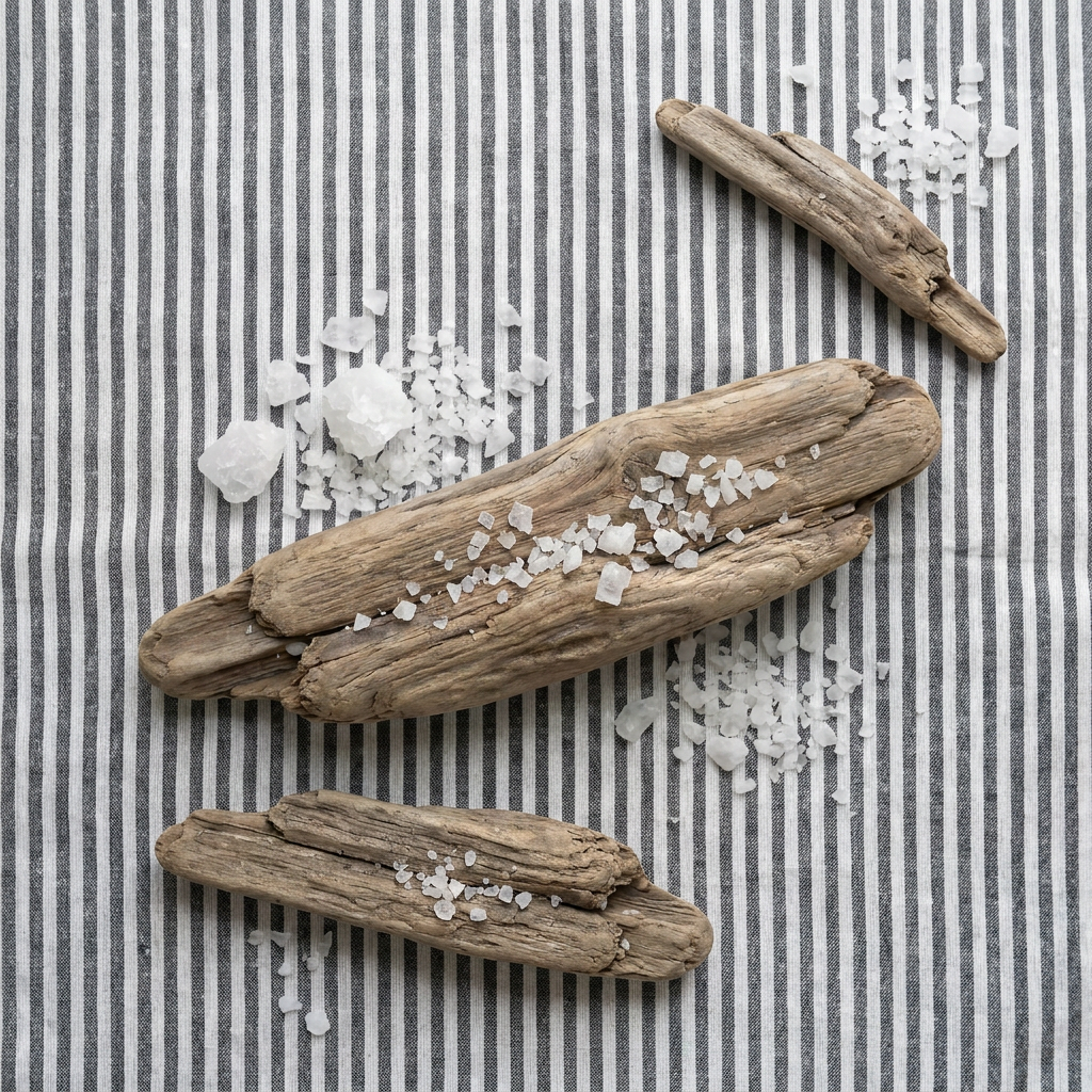 driftwood on a blanket with salt