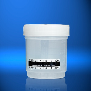Wide mouth urine container, 90ml, temperature strip, non-sterile, 75/bag, 300/case