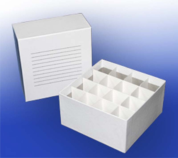 Cardboard freezer box, for 50ml tubes, 16-well divider, white, 100/case by Biologix Research — sample storage and labeling from MedSupply Partners (detail view)